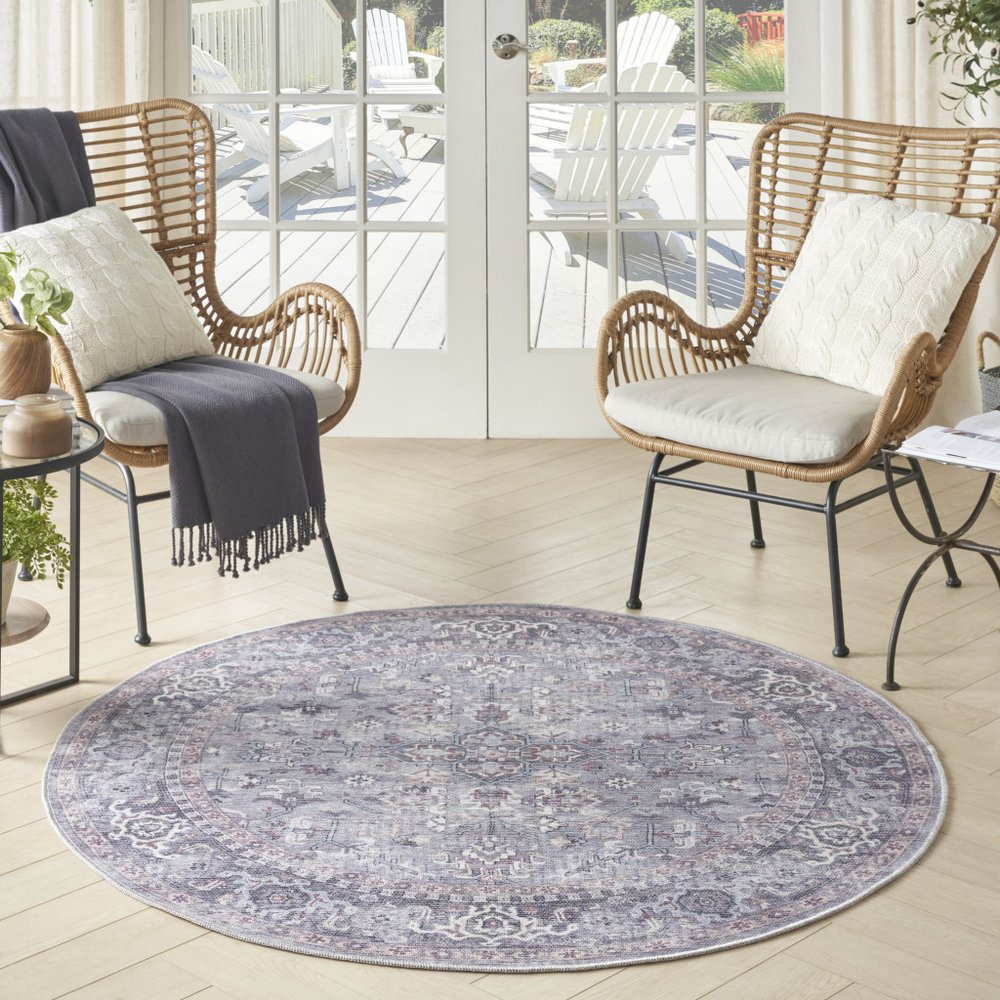 5' Gray and Beige Round Floral Power Loom Distressed Area Rug