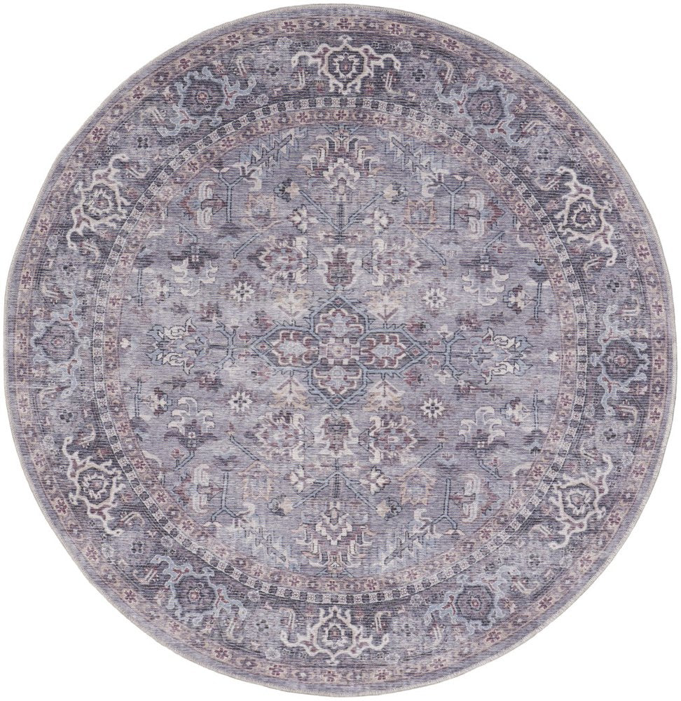 5' Gray and Beige Round Floral Power Loom Distressed Area Rug
