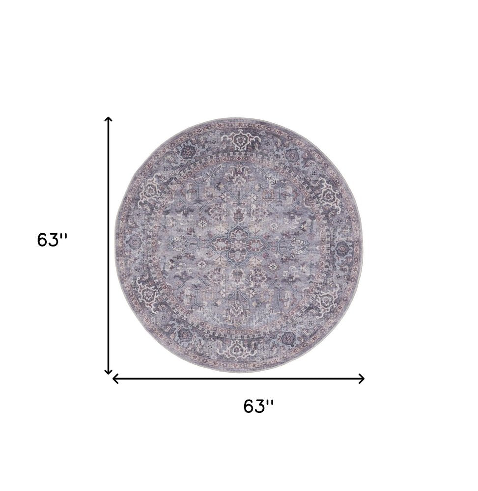 5' Gray and Beige Round Floral Power Loom Distressed Area Rug