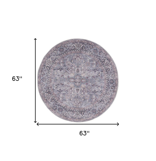 5' Gray and Beige Round Floral Power Loom Distressed Area Rug