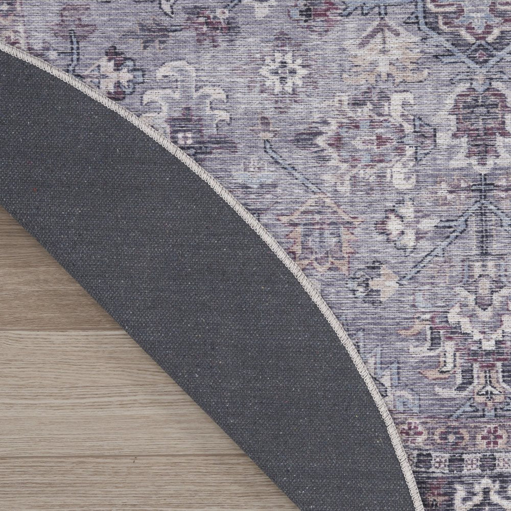 5' Gray and Beige Round Floral Power Loom Distressed Area Rug