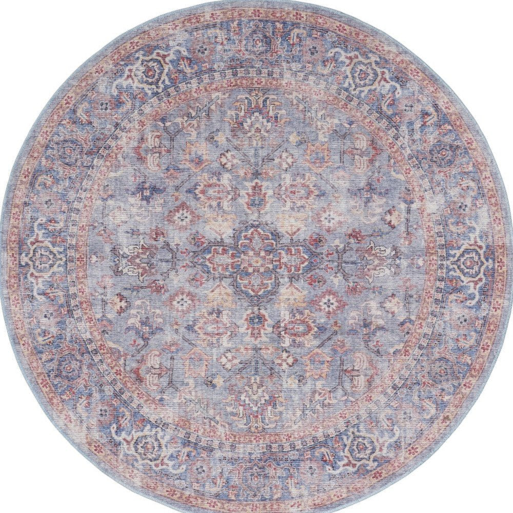 5' Blue and Purple Round Floral Power Loom Distressed Area Rug