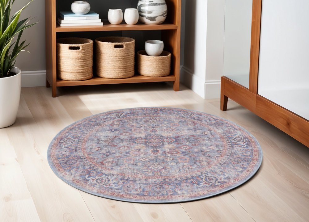 5' Blue and Purple Round Floral Power Loom Distressed Area Rug