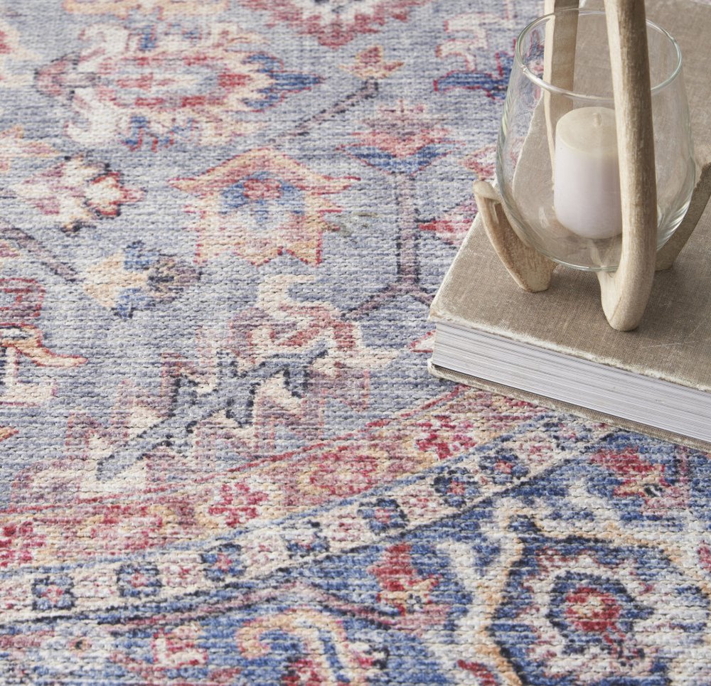 5' Blue and Purple Round Floral Power Loom Distressed Area Rug