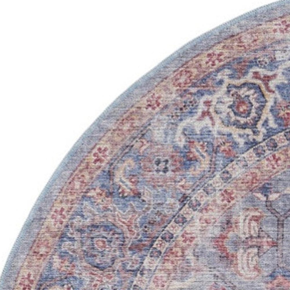 5' Blue and Purple Round Floral Power Loom Distressed Area Rug