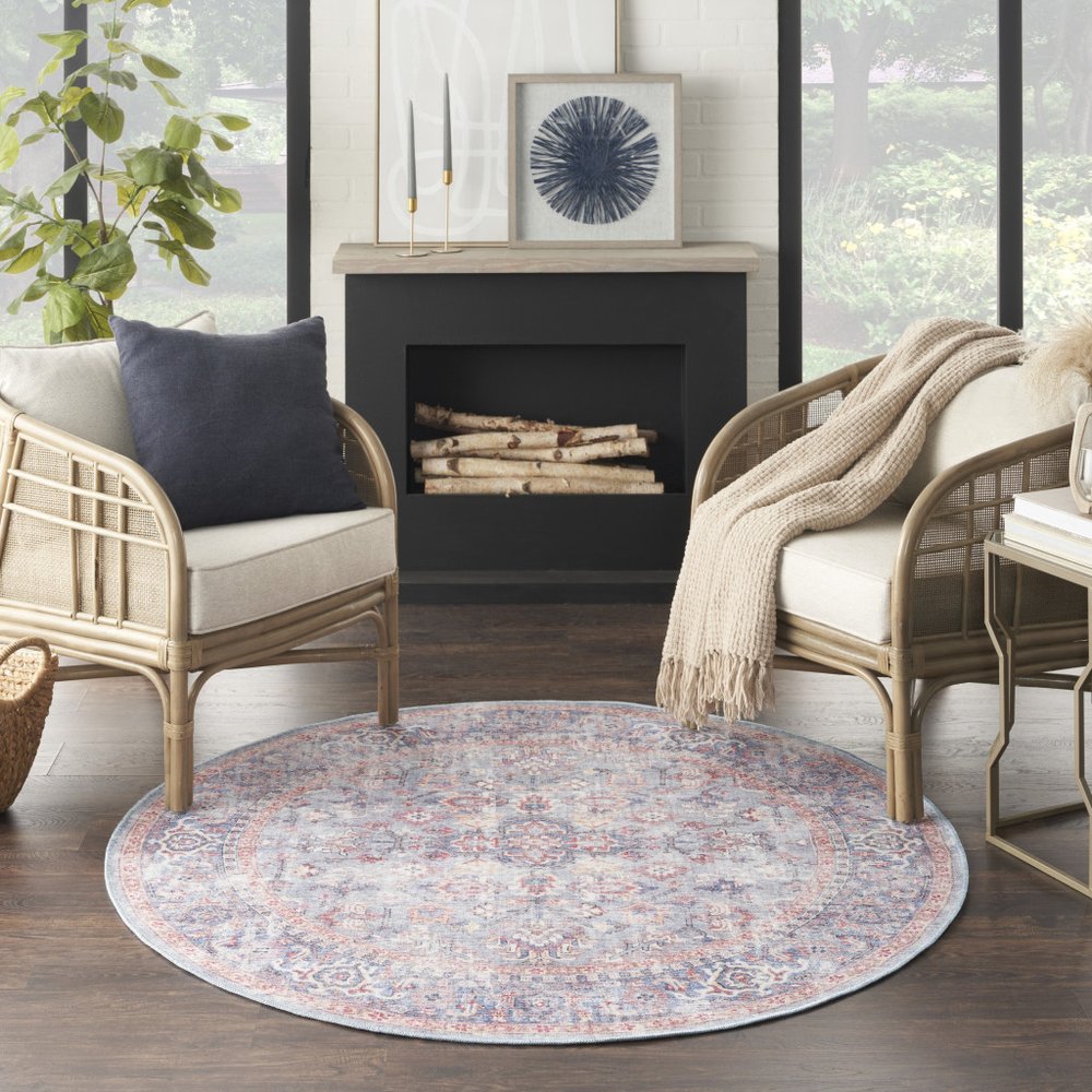 5' Blue and Purple Round Floral Power Loom Distressed Area Rug