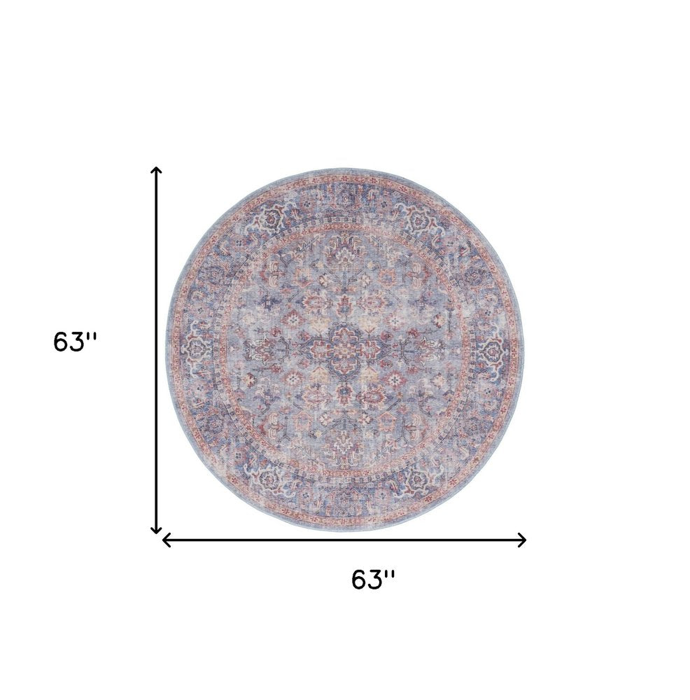 5' Blue and Purple Round Floral Power Loom Distressed Area Rug
