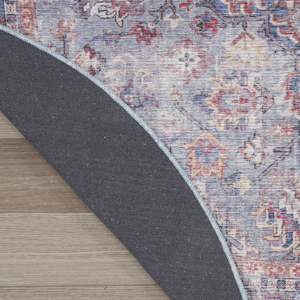 5' Blue and Purple Round Floral Power Loom Distressed Area Rug