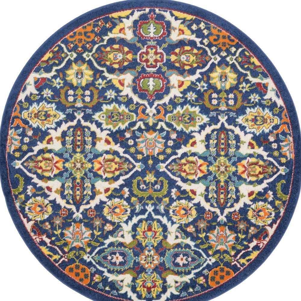 5' Blue Round Floral Power Loom Area Rug