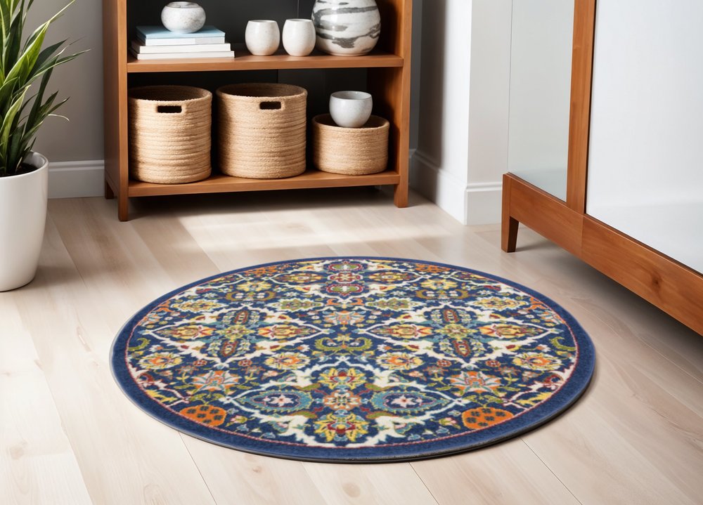 5' Blue Round Floral Power Loom Area Rug