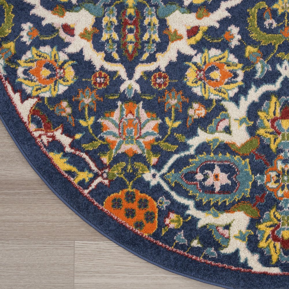 5' Blue Round Floral Power Loom Area Rug