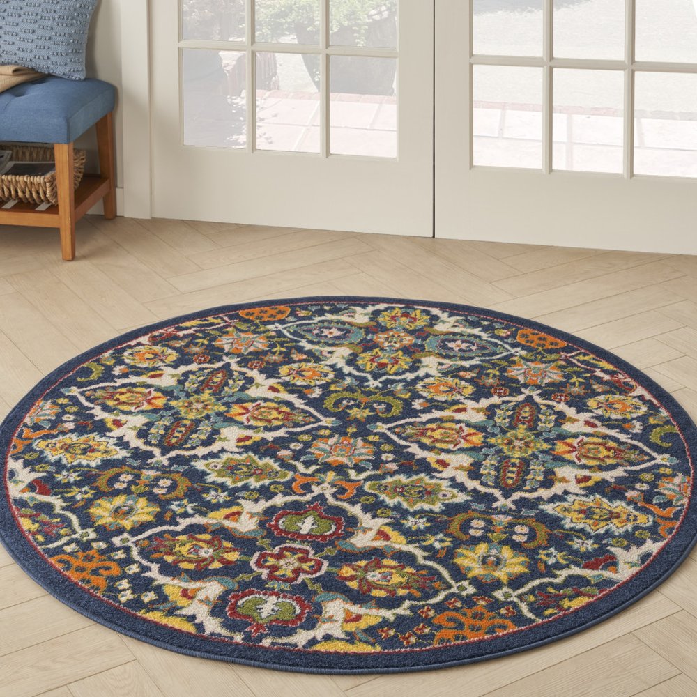 5' Blue Round Floral Power Loom Area Rug