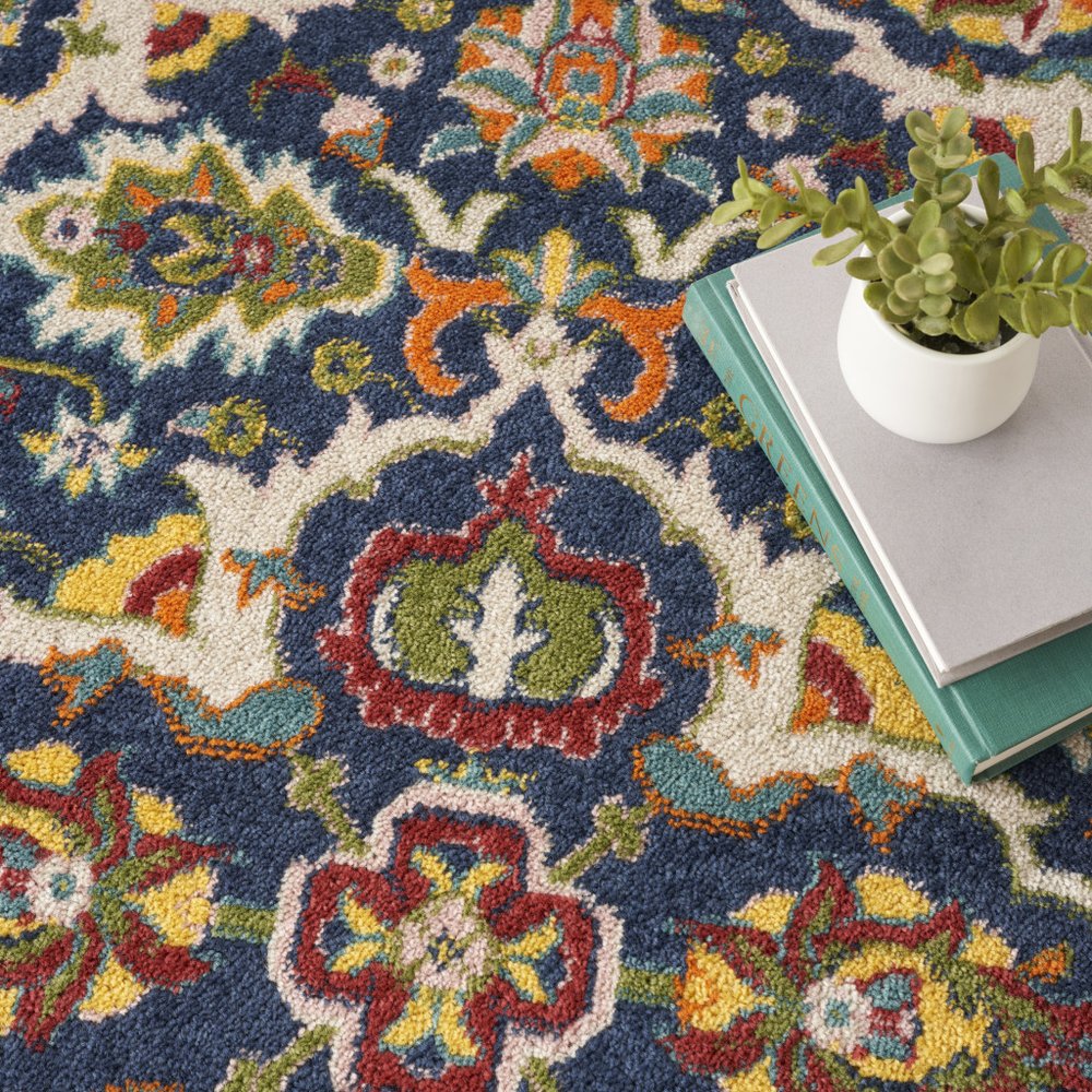 5' Blue Round Floral Power Loom Area Rug