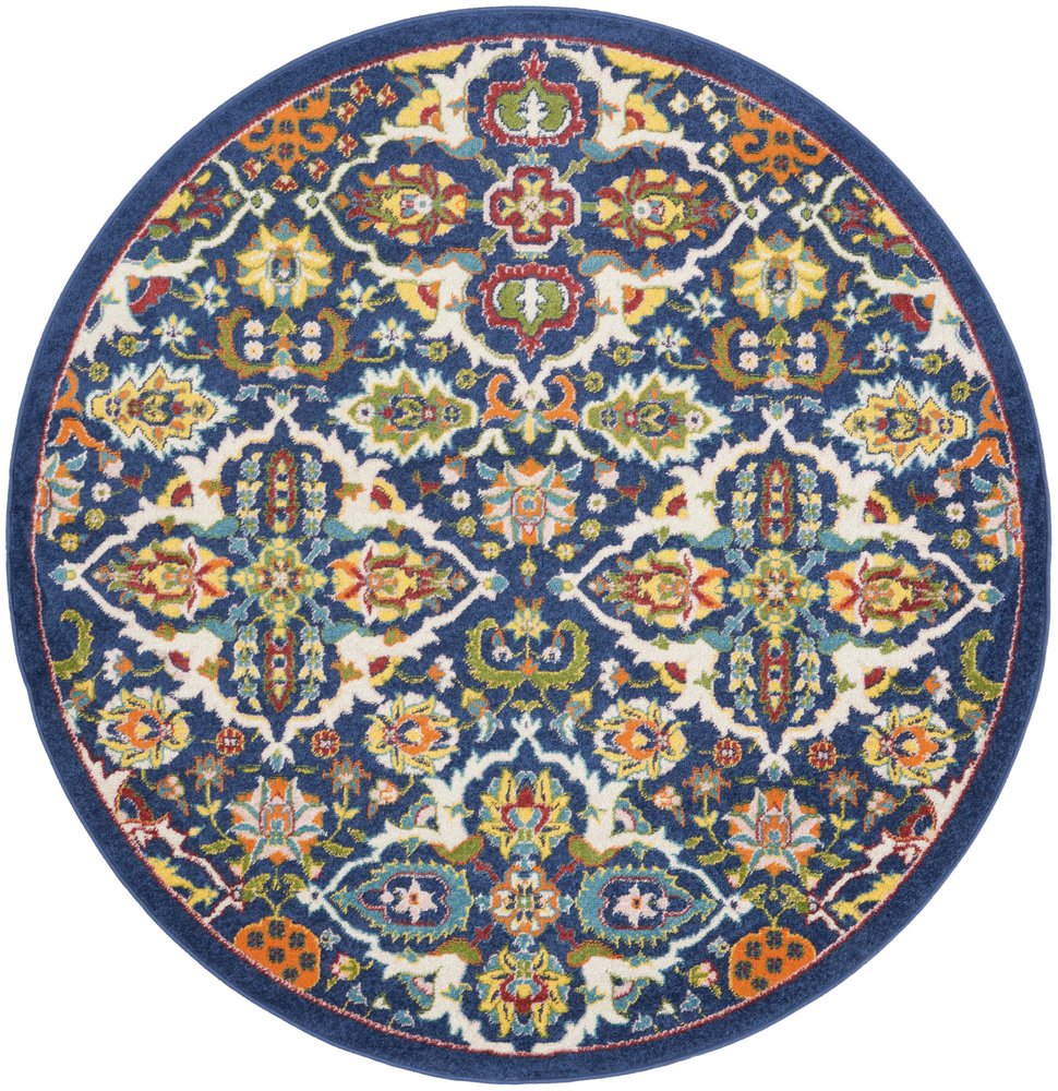 5' Blue Round Floral Power Loom Area Rug