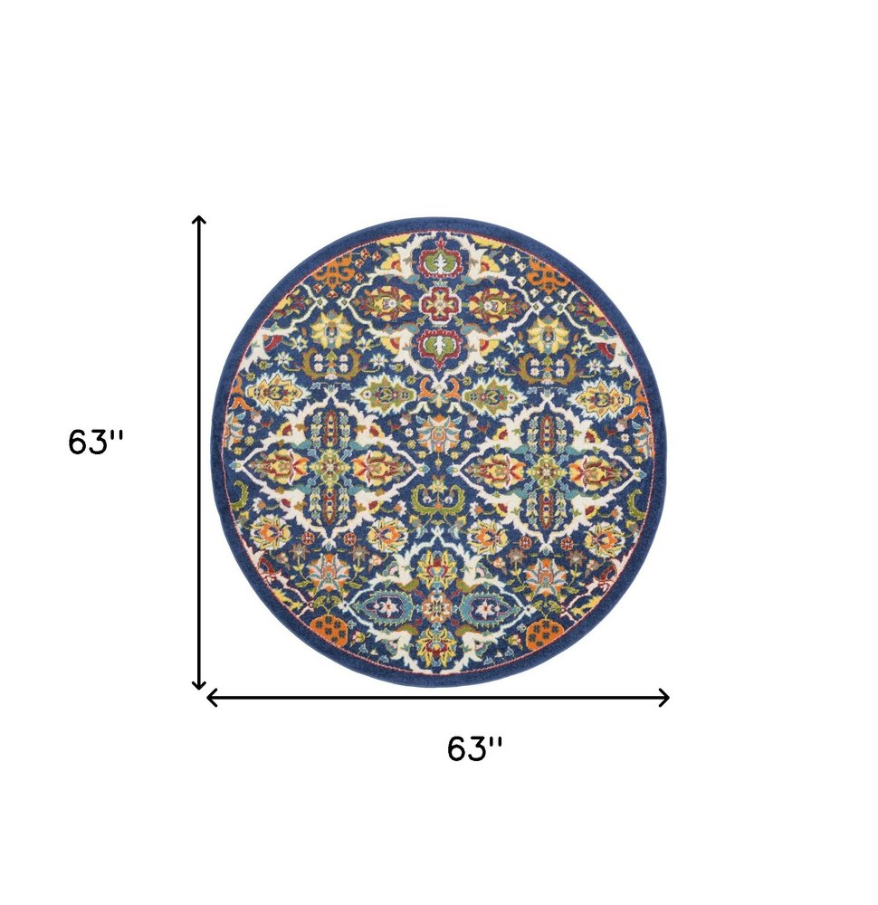 5' Blue Round Floral Power Loom Area Rug