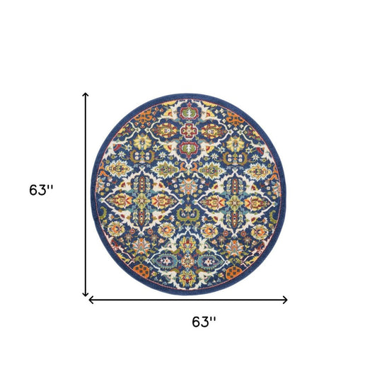 5' Blue Round Floral Power Loom Area Rug