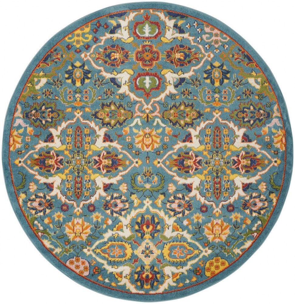 5' Teal and Ivory Round Floral Power Loom Area Rug