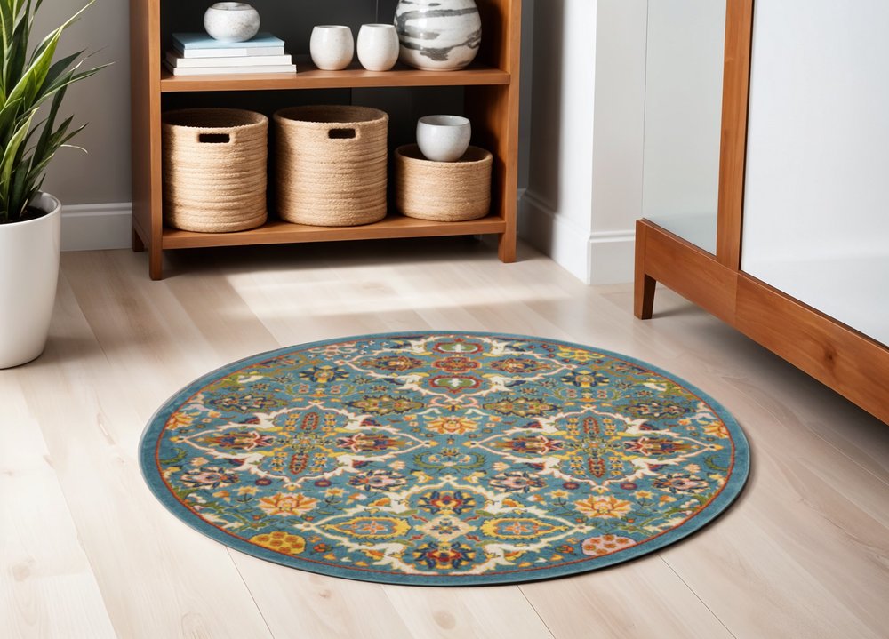5' Teal and Ivory Round Floral Power Loom Area Rug