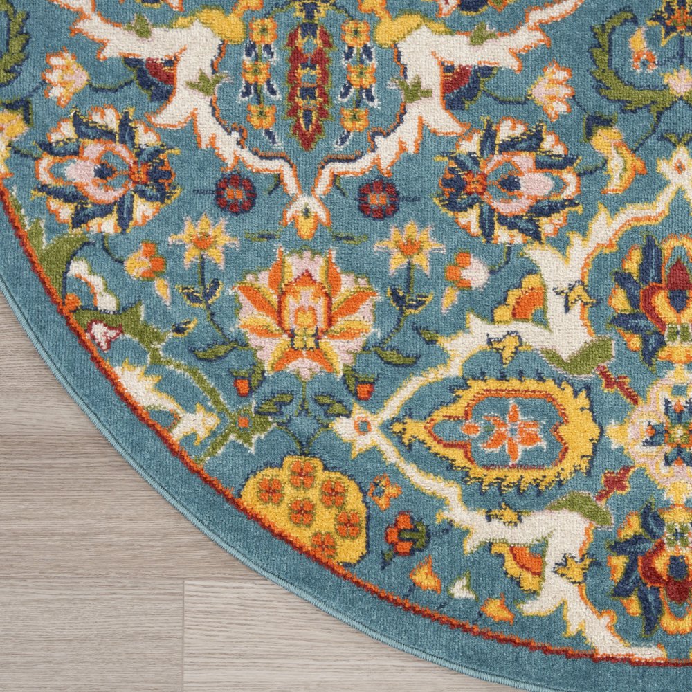 5' Teal and Ivory Round Floral Power Loom Area Rug