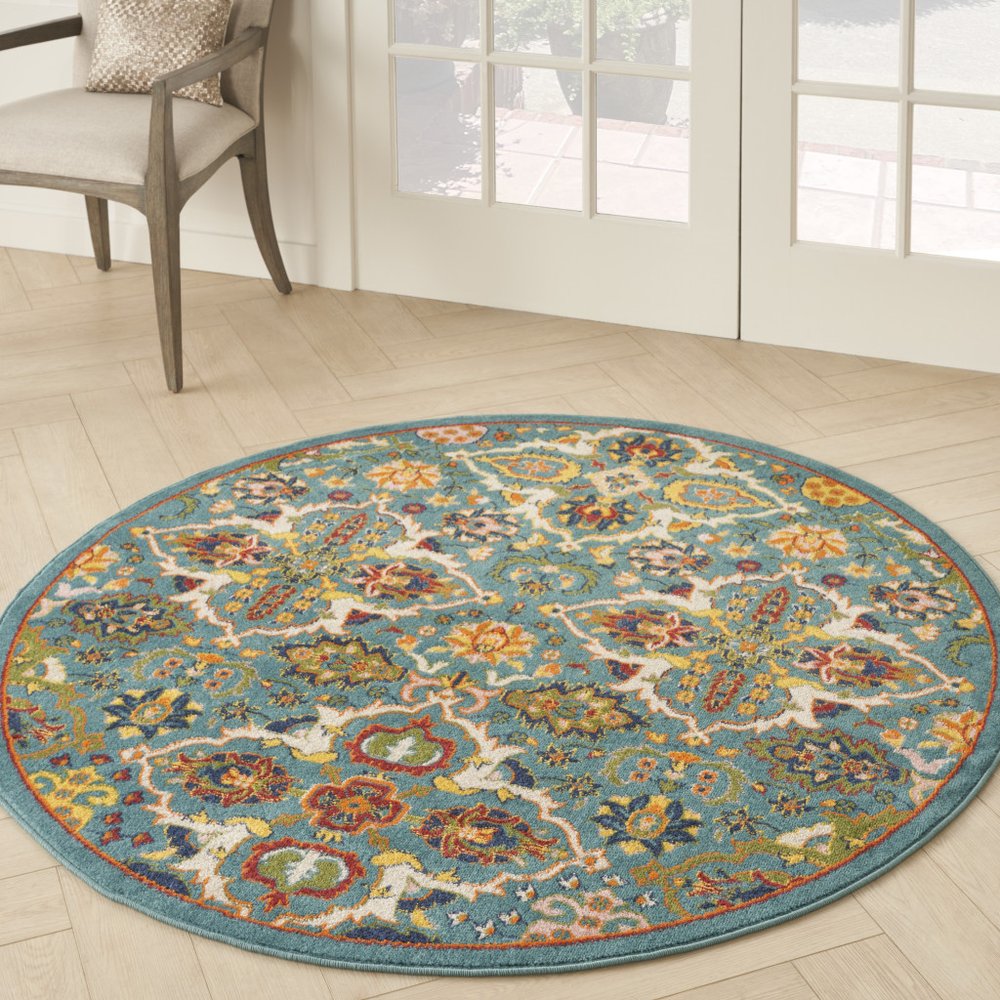 5' Teal and Ivory Round Floral Power Loom Area Rug