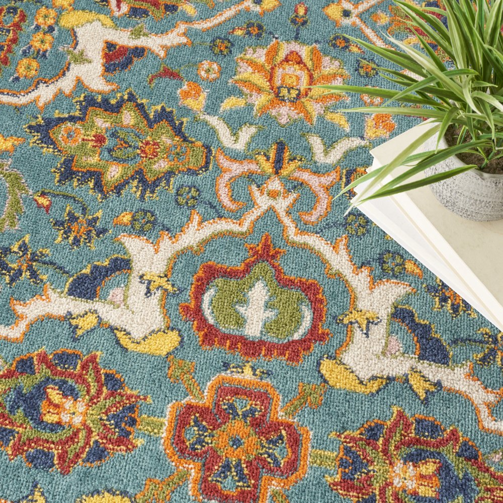 5' Teal and Ivory Round Floral Power Loom Area Rug