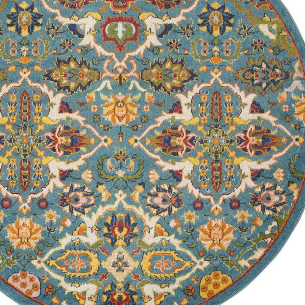 5' Teal and Ivory Round Floral Power Loom Area Rug