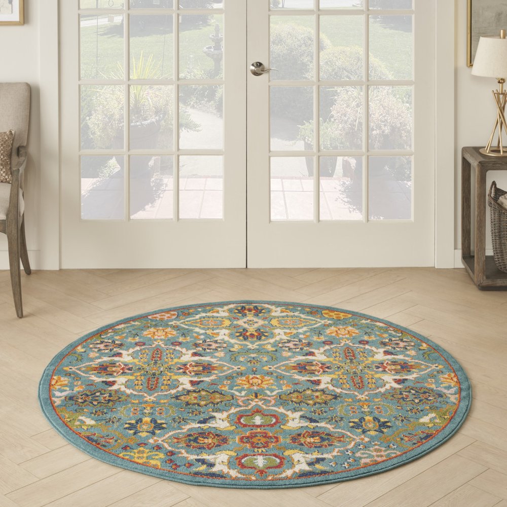 5' Teal and Ivory Round Floral Power Loom Area Rug