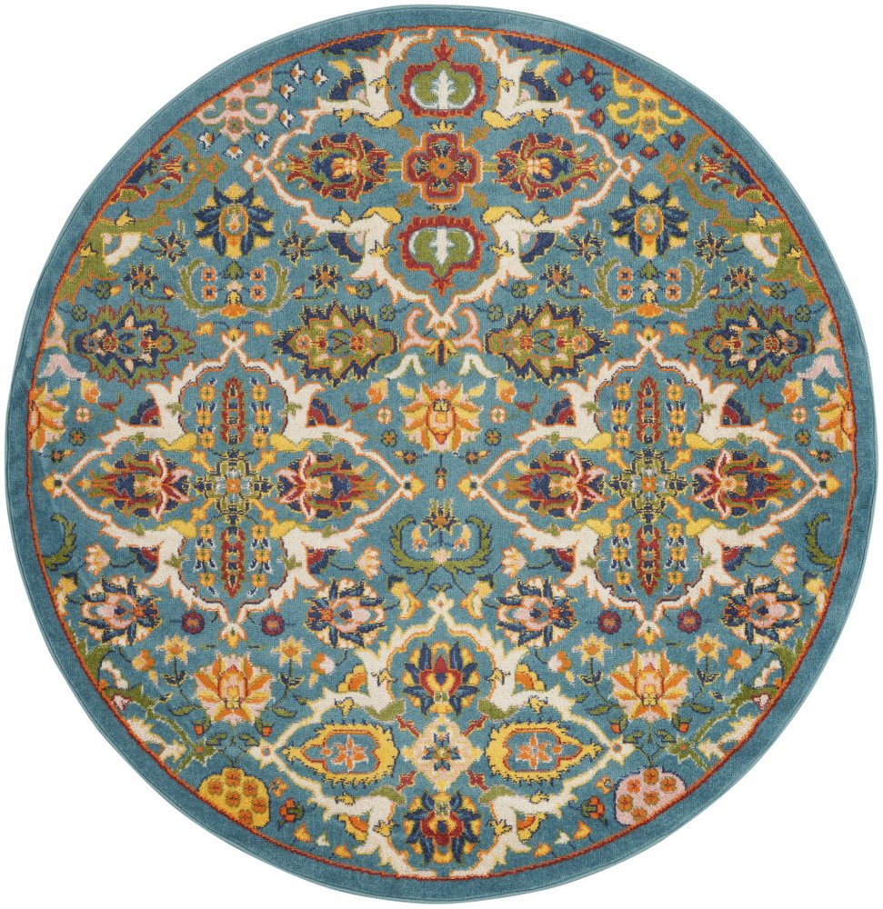 5' Teal and Ivory Round Floral Power Loom Area Rug