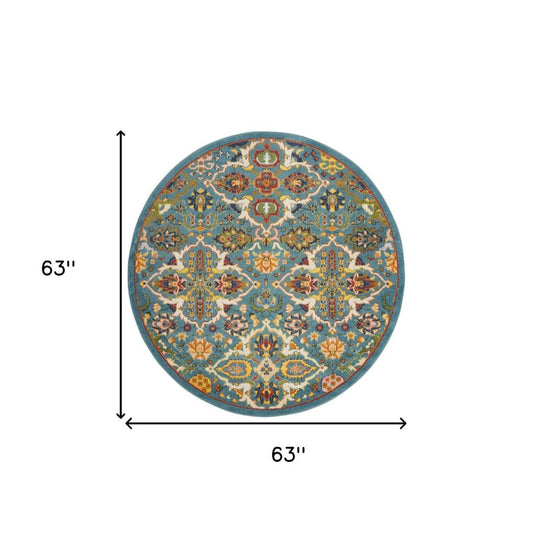 5' Teal and Ivory Round Floral Power Loom Area Rug