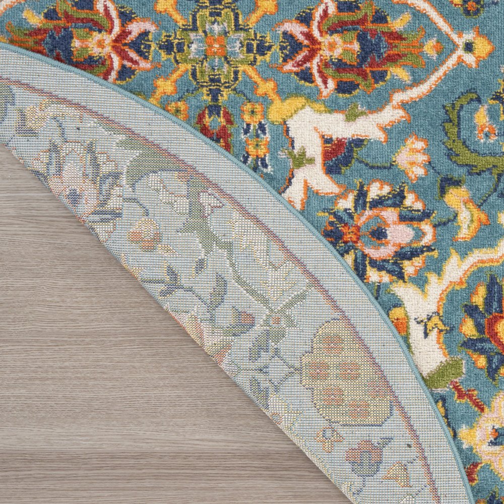 5' Teal and Ivory Round Floral Power Loom Area Rug