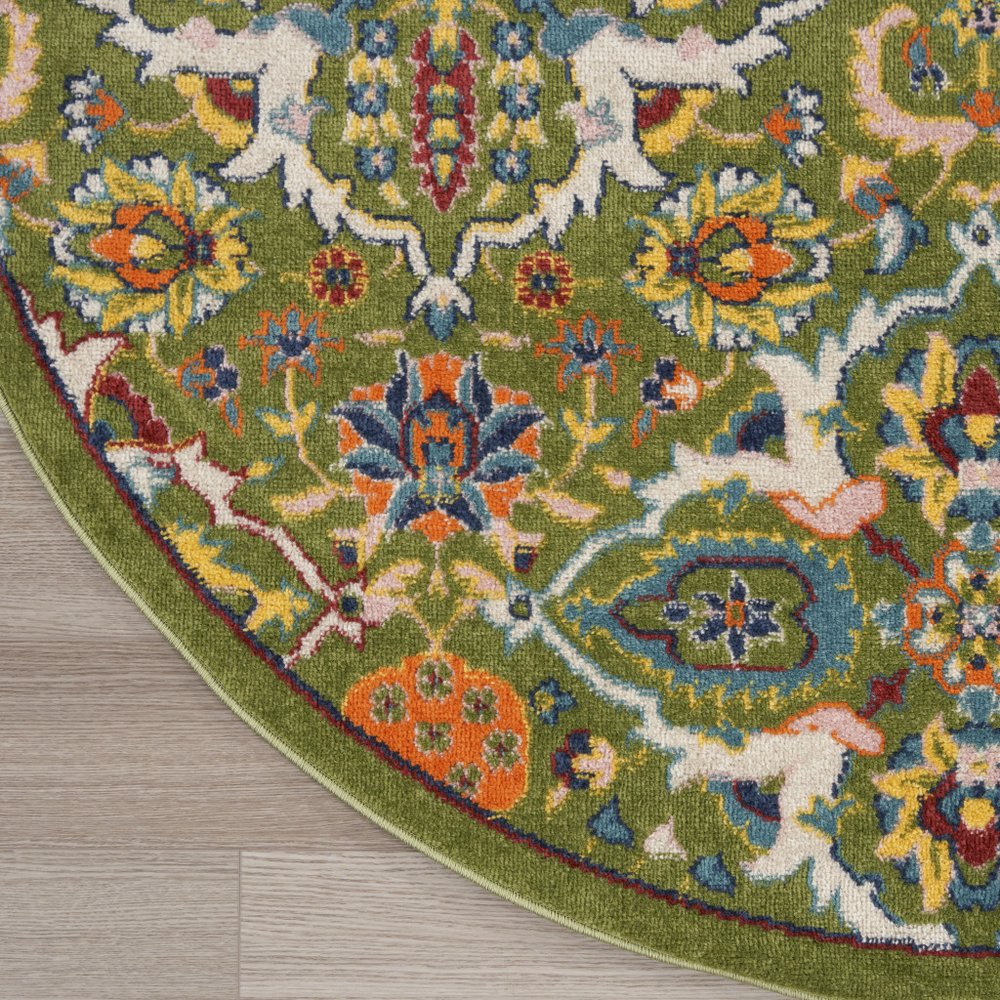 5' Green Yellow Blue and Red Round Floral Power Loom Area Rug