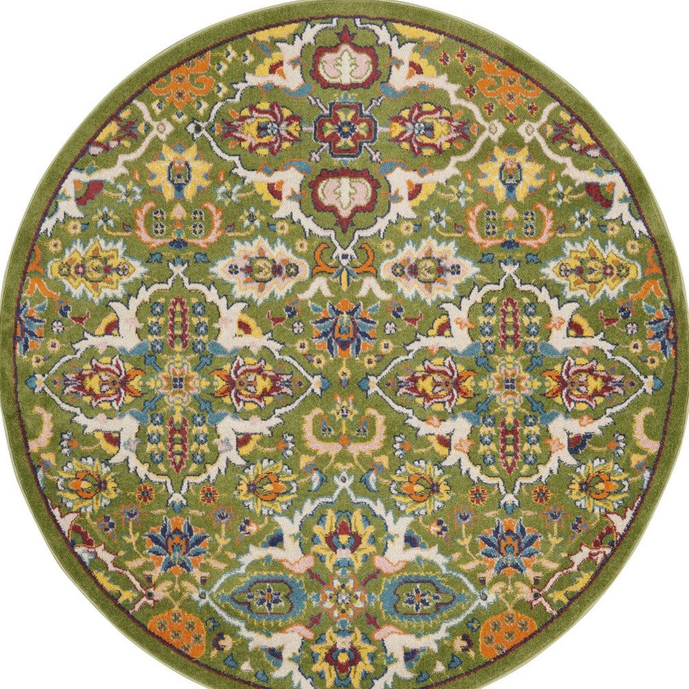 5' Green Yellow Blue and Red Round Floral Power Loom Area Rug