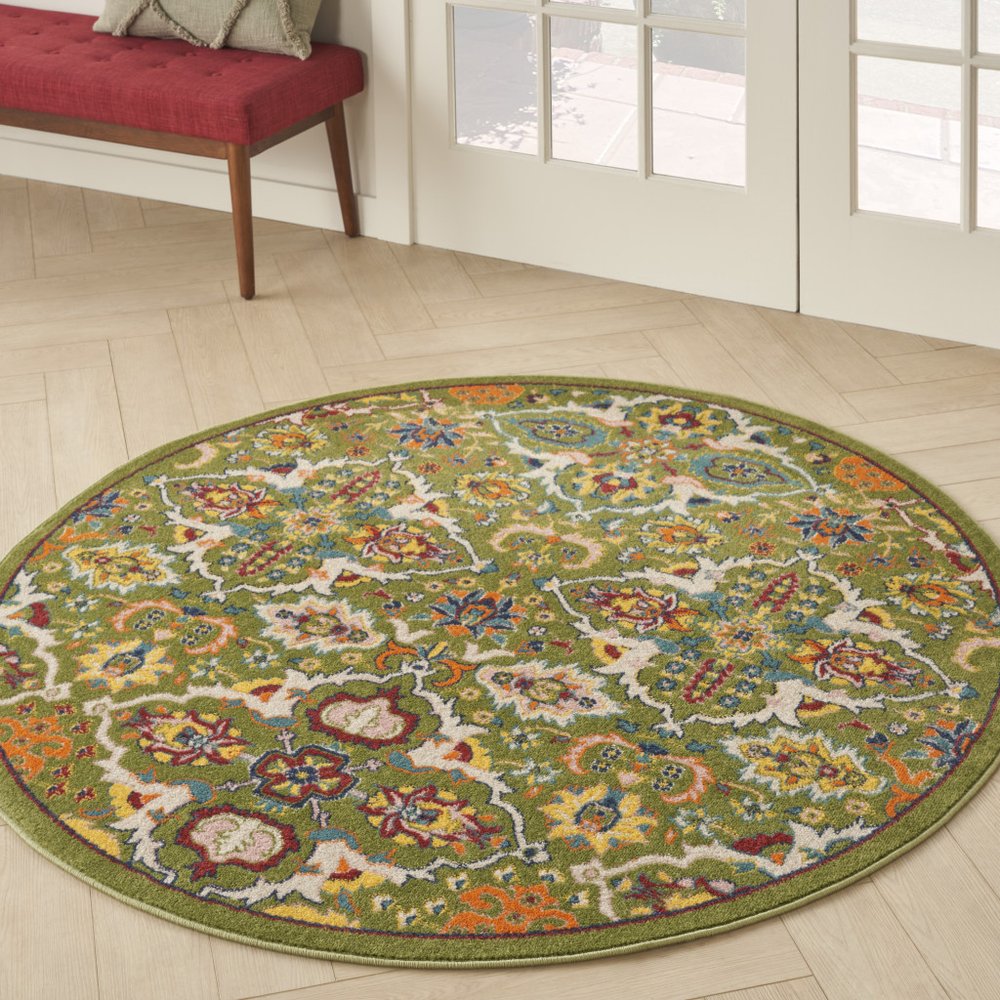 5' Green Yellow Blue and Red Round Floral Power Loom Area Rug