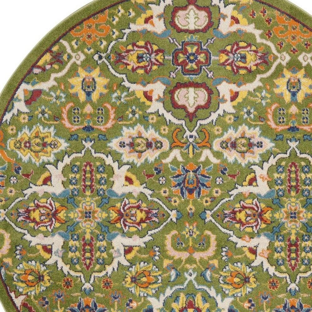 5' Green Yellow Blue and Red Round Floral Power Loom Area Rug