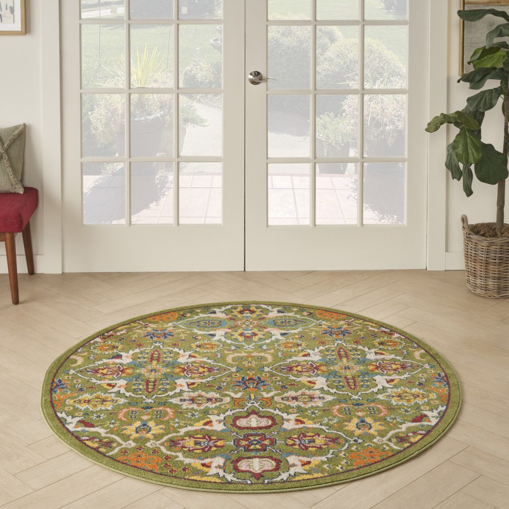 5' Green Yellow Blue and Red Round Floral Power Loom Area Rug