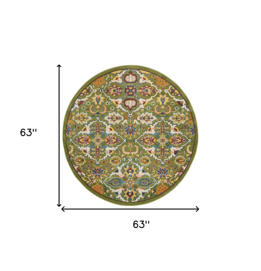 5' Green Yellow Blue and Red Round Floral Power Loom Area Rug