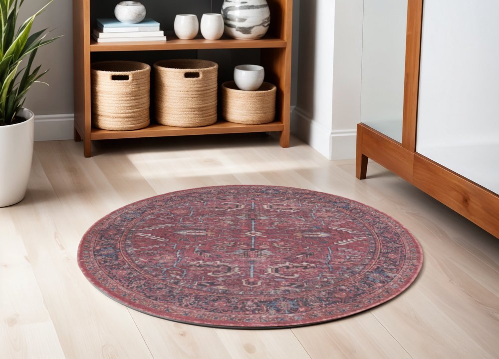 5' Red Round Floral Power Loom Distressed Area Rug