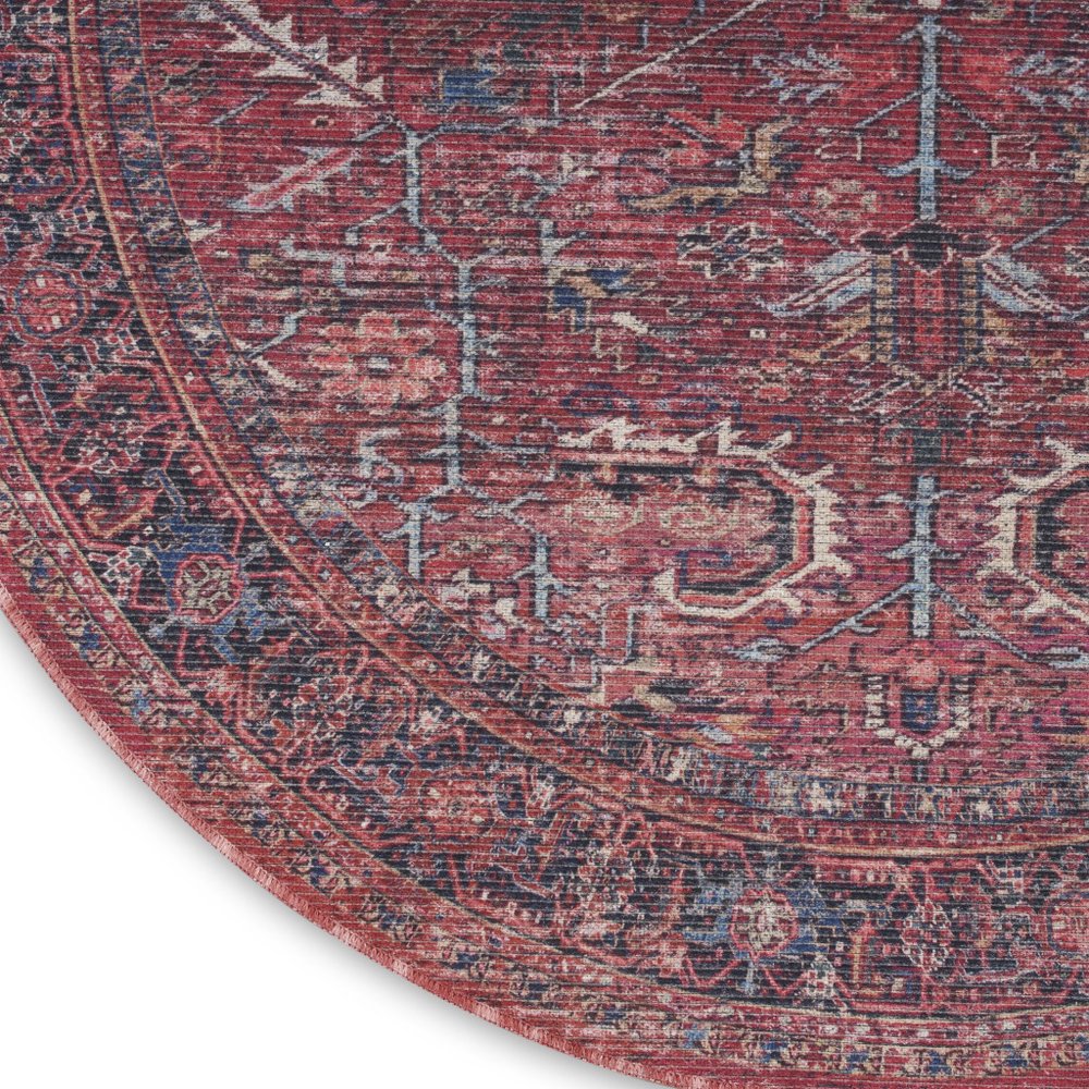 5' Red Round Floral Power Loom Distressed Area Rug