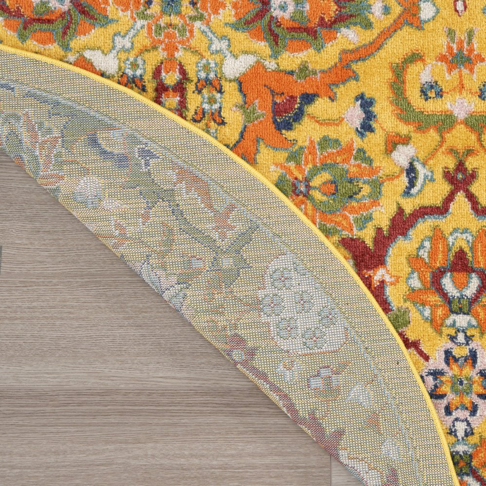 5' Yellow Round Floral Power Loom Area Rug
