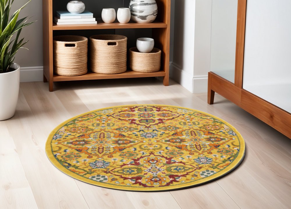 5' Yellow Round Floral Power Loom Area Rug
