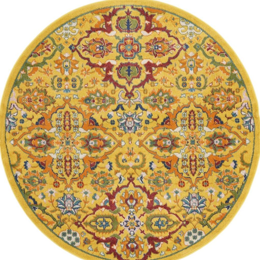 5' Yellow Round Floral Power Loom Area Rug