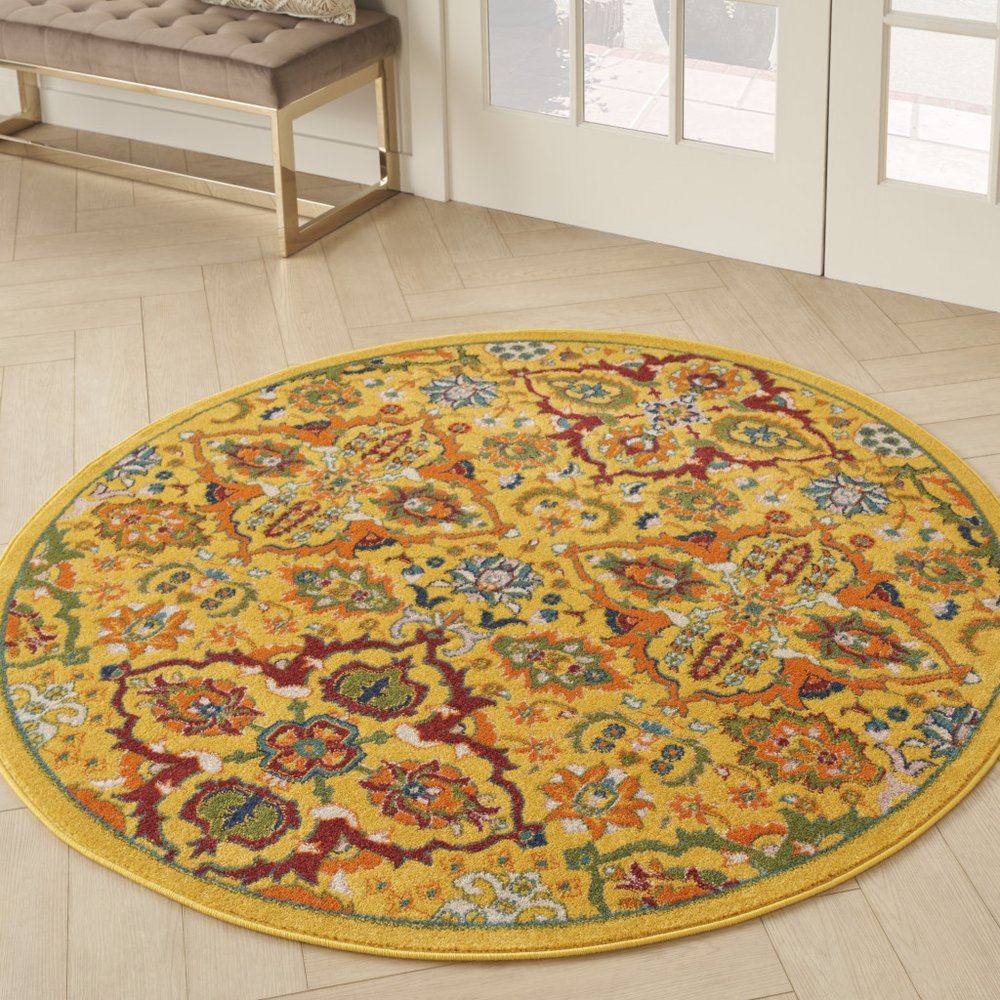 5' Yellow Round Floral Power Loom Area Rug