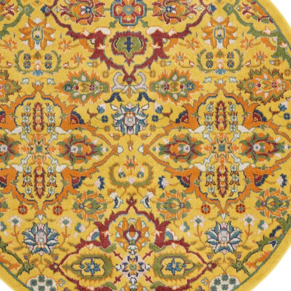 5' Yellow Round Floral Power Loom Area Rug