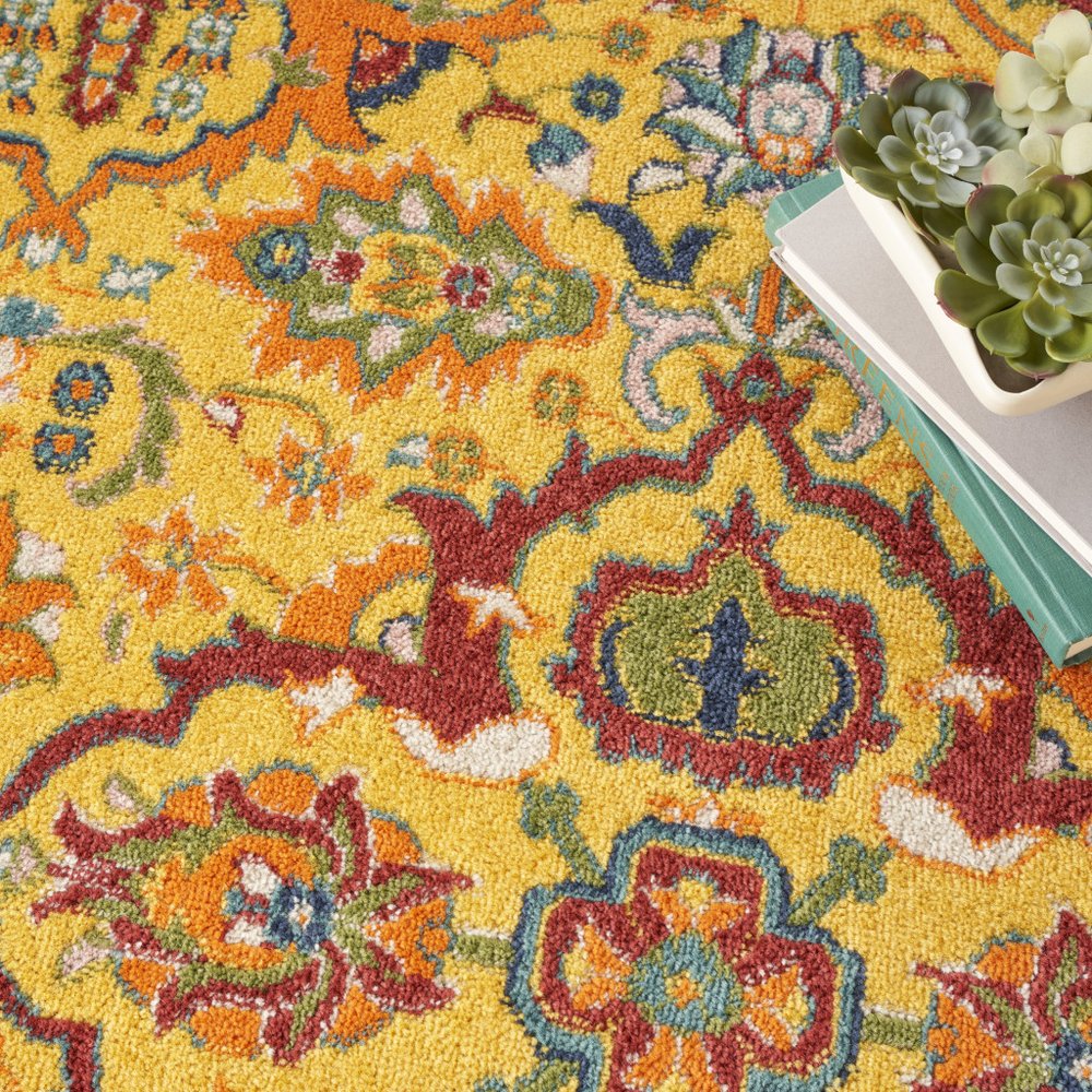 5' Yellow Round Floral Power Loom Area Rug