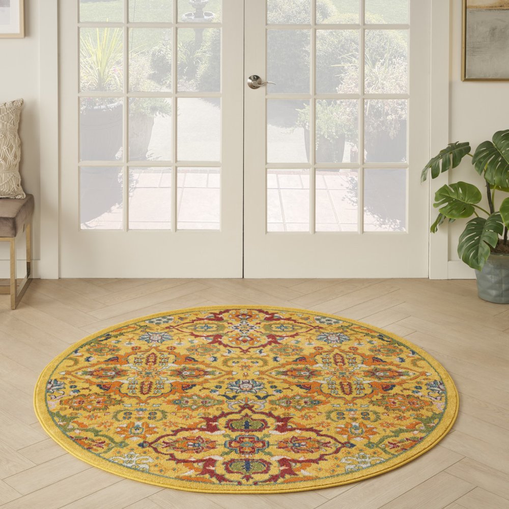 5' Yellow Round Floral Power Loom Area Rug