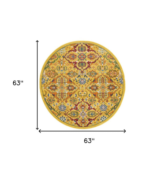 5' Yellow Round Floral Power Loom Area Rug