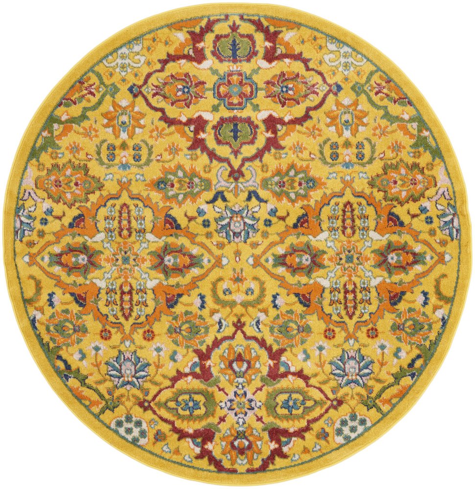 5' Yellow Round Floral Power Loom Area Rug