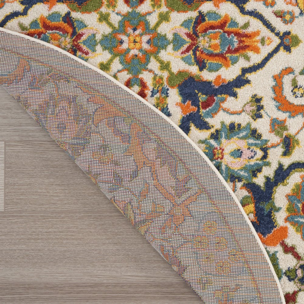 4' Ivory Blue And Yellow Floral Round Rug