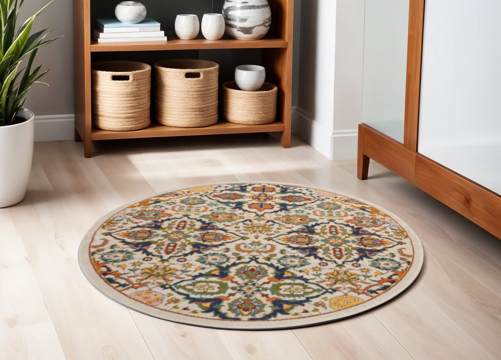 4' Ivory Blue And Yellow Floral Round Rug