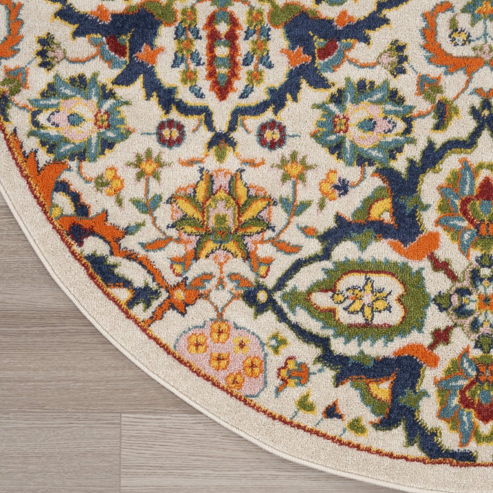 4' Ivory Blue And Yellow Floral Round Rug